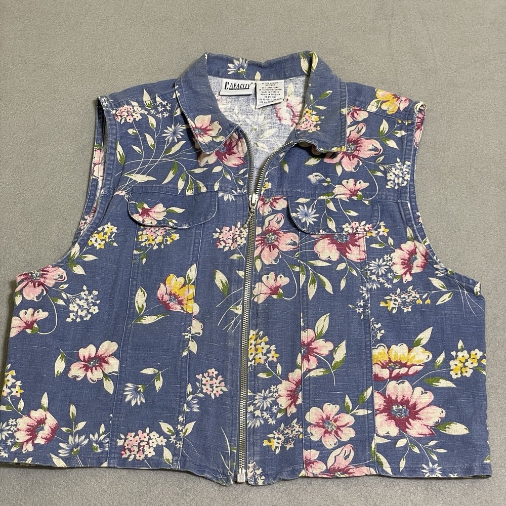VTG Womens Vest Med Floral Cropped Petite Full Zip Top Shirt Western Y2K 90s‎